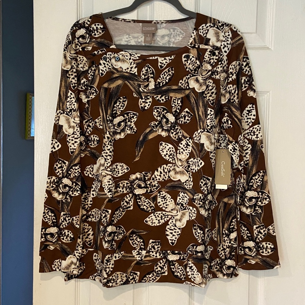 Chico's Chocolate Floral Print Top 
Size 1 NWT